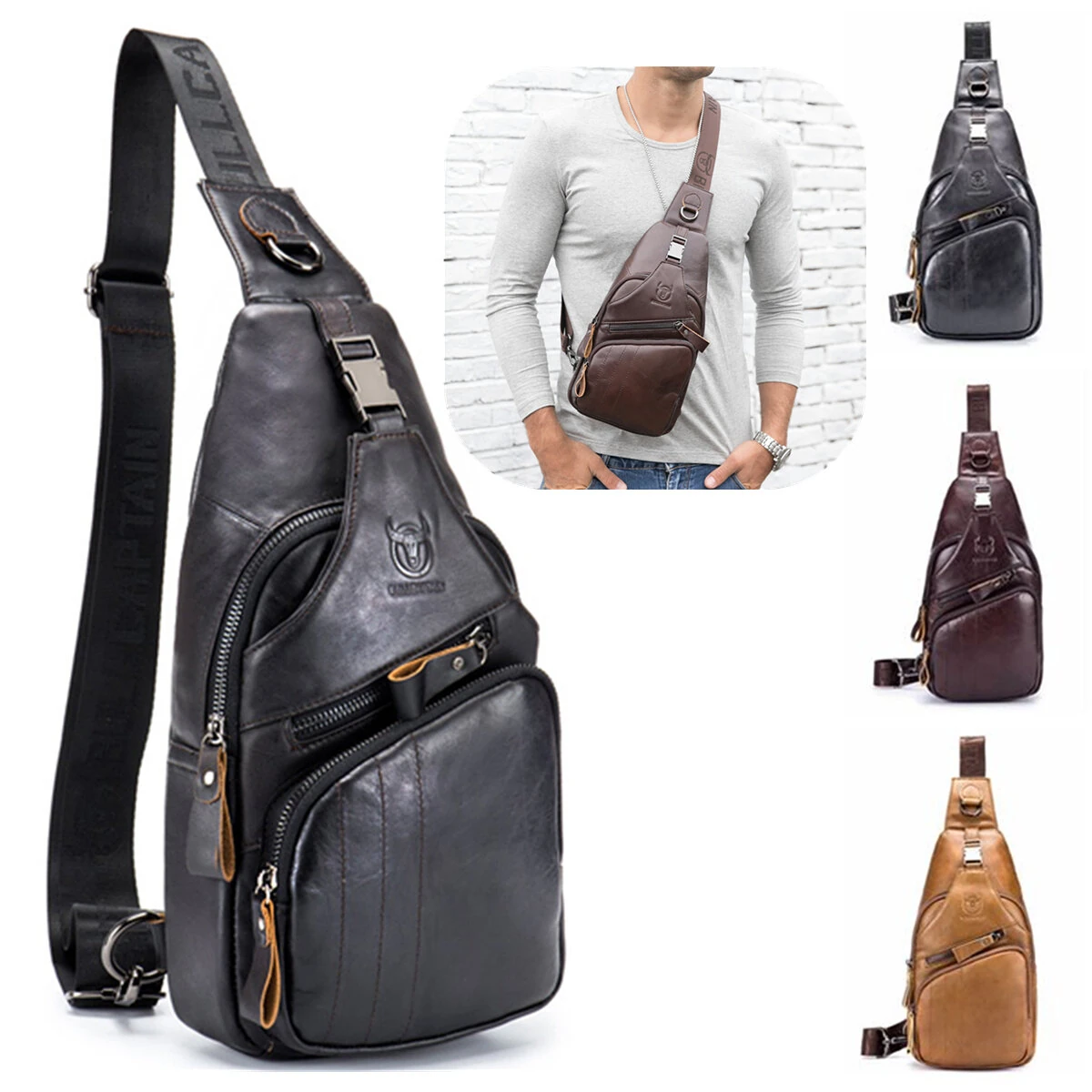 BULLCAPTAIN Men Multi-Pocket Leather Chest Bag Casual Sports Multifunctional Large Capacity Crossbody Shoulder Bag (image for) BULLCAPTAIN Men Multi-Pocket Leather Chest Bag Casual Sports Multifunctional Large Capacity Crossbody Shoulder Bag